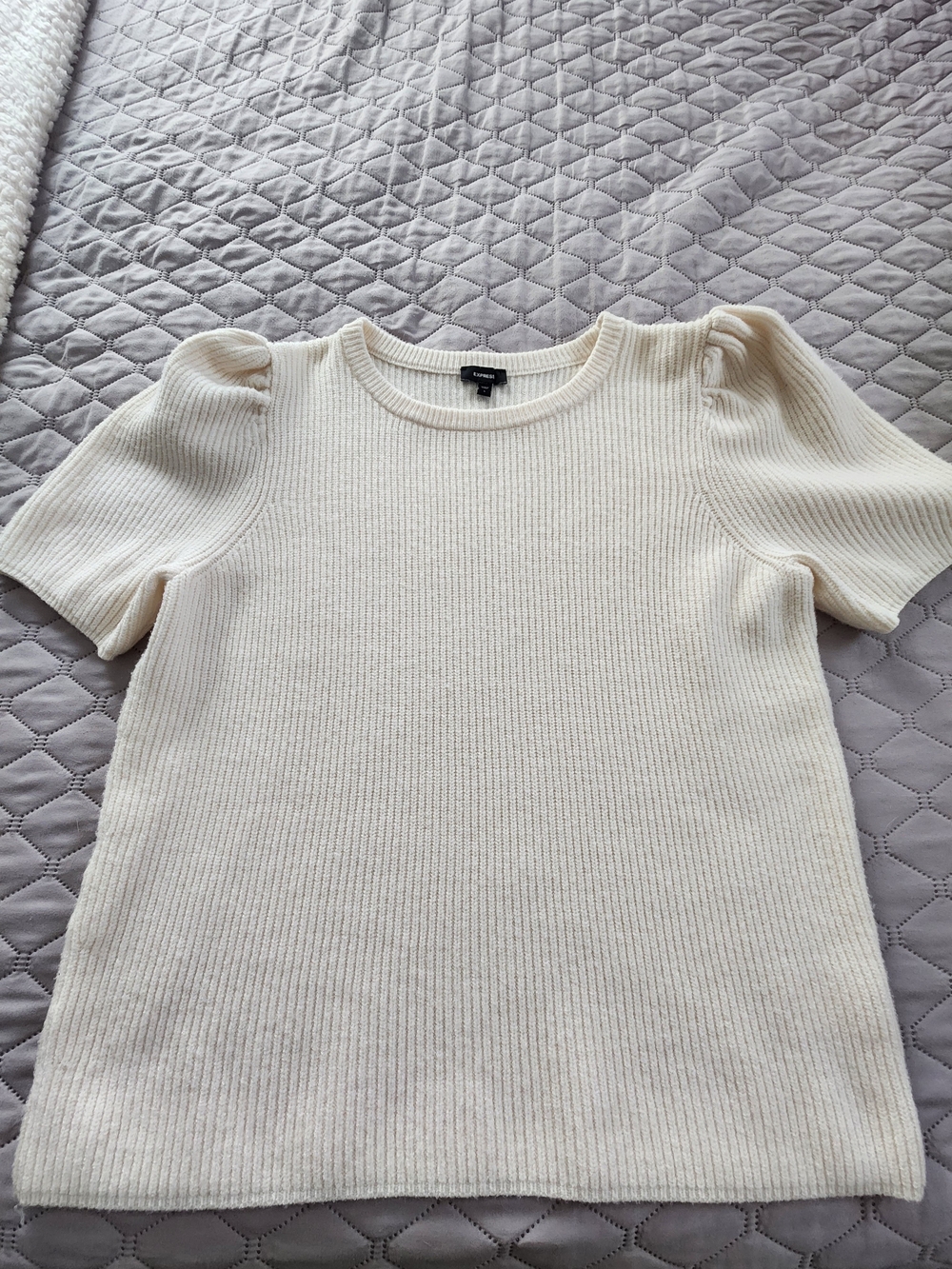 Express Cream Ribbed Puff-Sleeve Short-Sleeve Top Size Large